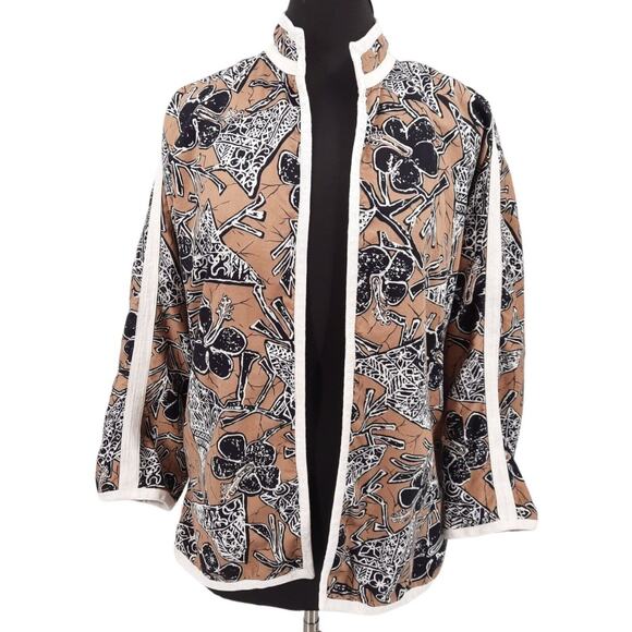 Vintage Jackets & Blazers - Vintage 80s Da-Rue Tropical Floral Open Front Kimono Swing Jacket Size XL Brown